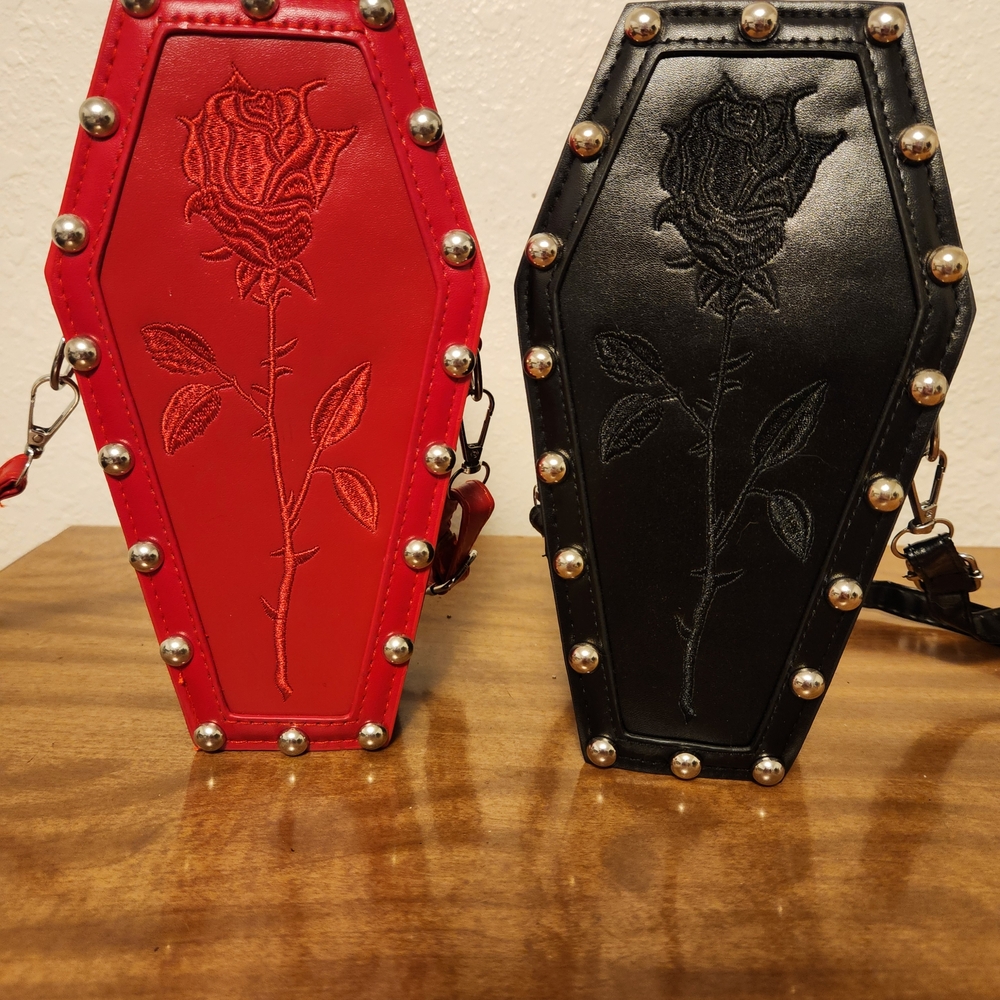 Red and Black Rose Embroidered Coffin Bag